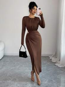 SHEIN Elenzya Rochie de damă tricotată, cu talie strânsă, cu decor metalic, mulată, elegantă, de zi cu zi, pentru naveta, stil francez, vintage, versatilă, pentru petreceri de Crăciun, de Anul Nou, pentru afaceri, maro, cu mânecă lungă, toamnă/iarnă - Maro - Vizualizare 8