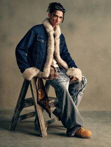 AXEPEAK Men's Washed Jacket, Fluffy Patchwork, Fashion Lapel Collar Bomber - Blue - View 6