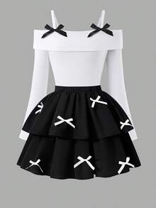 SHEIN 少女时尚优雅T恤套装，白色针织上衣搭配黑色梭织蛋糕裙，上衣饰有黑色蝴蝶结，裙子饰有珍珠。 - 白色 - 查看 6