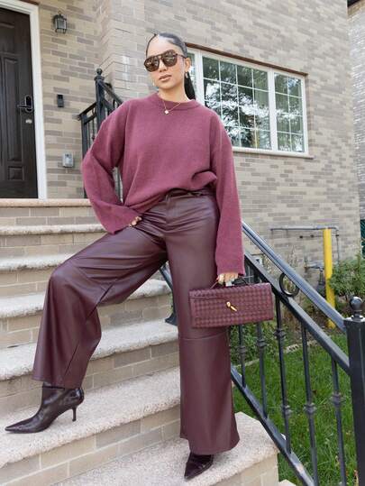 Melissa Matos Pantalones de mujer burdeos rojos, de corte recto, con botones en el frente, de estilo minimalista y casual, para uso diario, prendas inferiores para mujer