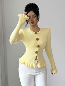 SHEIN Elenzya 女士复古蕾丝腰部装饰优雅时尚开衫毛衣 - 黃色 - 查看 5