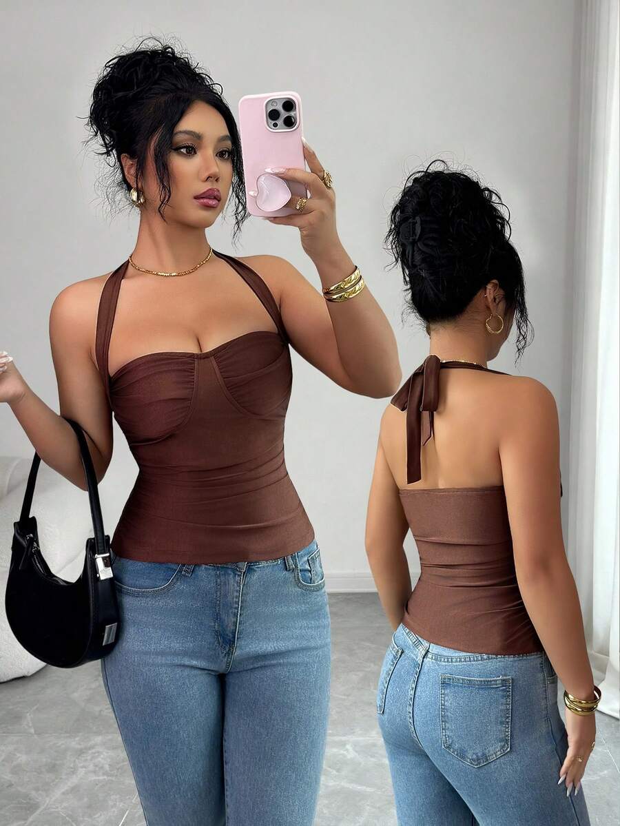 SHEIN Elenzya 新款秋冬百搭棕色性感交叉露背针织短款上衣，独特个性化，修身剪裁，适合派对、情人节、约会、度假等场合。 - 棕色 - 查看 1