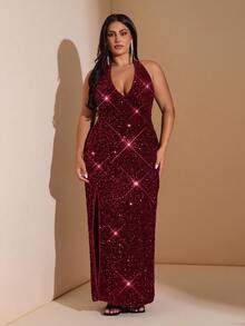 SHEIN BAE Váy xẻ tà cao cổ chữ V cỡ lớn đính sequin - Màu Đỏ Sâu - Xem 3