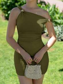 Andrea Bello Vestido verde militar acanalado con decoración de botón metálico ajustado - Verde militar - Ver 5