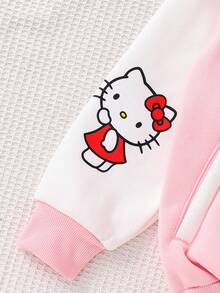 HELLO KITTY AND FRIENDS | SHEIN 少女休闲日常舒适卡通字母图案棒球领撞色袖纽扣保暖外套 - 彩色 - 查看 5