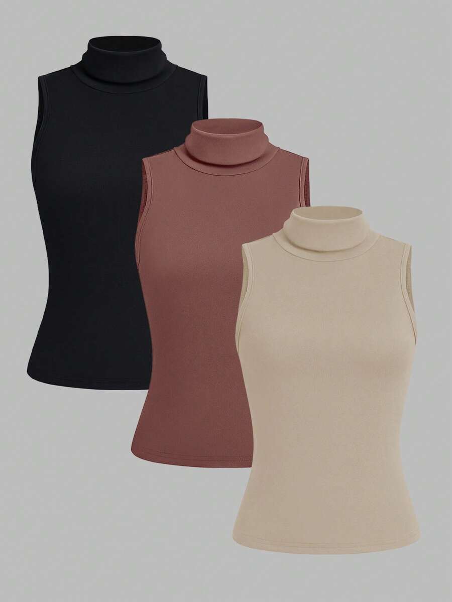 SHEIN LUNE 3pcs Women Casual Solid Color Turtleneck Camisole Set - Multicolor - View 1