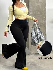 SHEIN EZwear Quần ống loe màu đen cỡ lớn, thoải mái và đa năng cho mùa thu/đông - màu đen - Xem 3