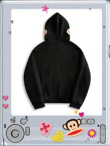 ROMWE MEN Paul Frank X ROMWE 男式字母和卡通图案拉链连帽卫衣，秋冬 - 黑色 - 查看 2