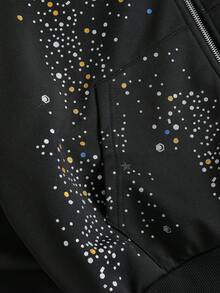 ROMWE MEN Street Life Men's Casual Fashion Street Rhinestone Print Zip-Up Hoodie Sweatshirt, Spring/Autumn, Long Sleeve Top - Black - View 3
