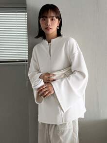FRIFUL Áo thun nữ tay dài khóa kéo phía trước màu trơn thường ngày - trắng - Xem 6