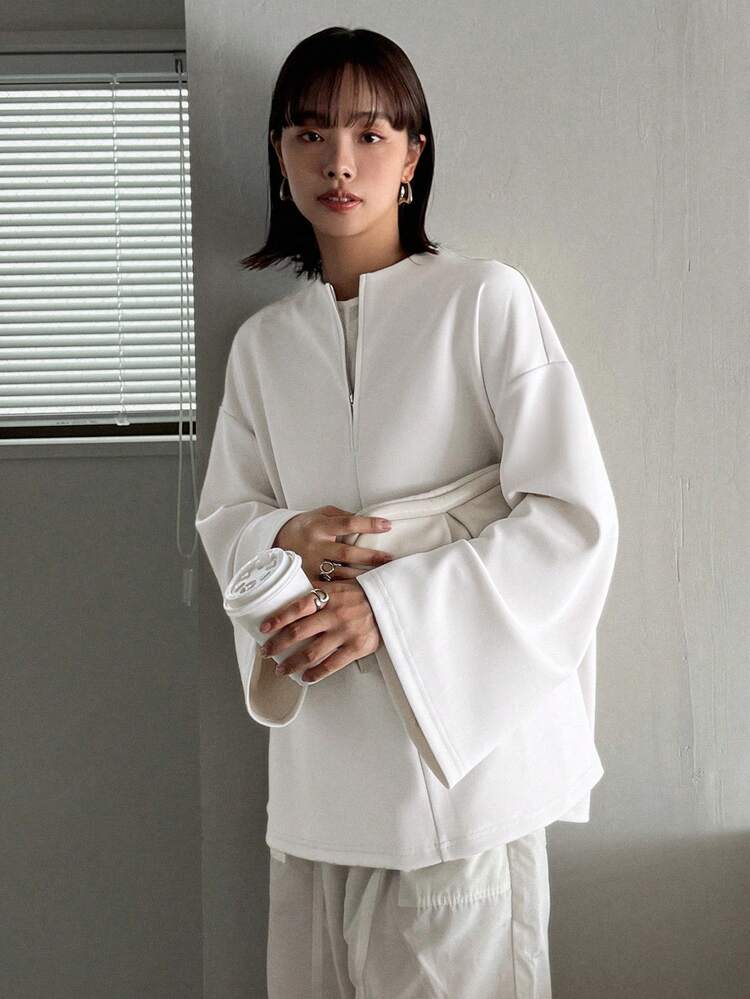FRIFUL 女士纯色前拉链长袖休闲 T 恤 - 白色 - 查看 6