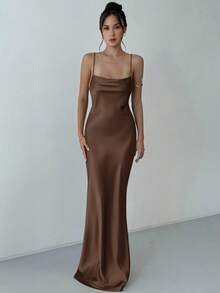 Aloruh 女士优雅纯色露背鱼尾裙，夏季 - 咖啡 - 查看 8