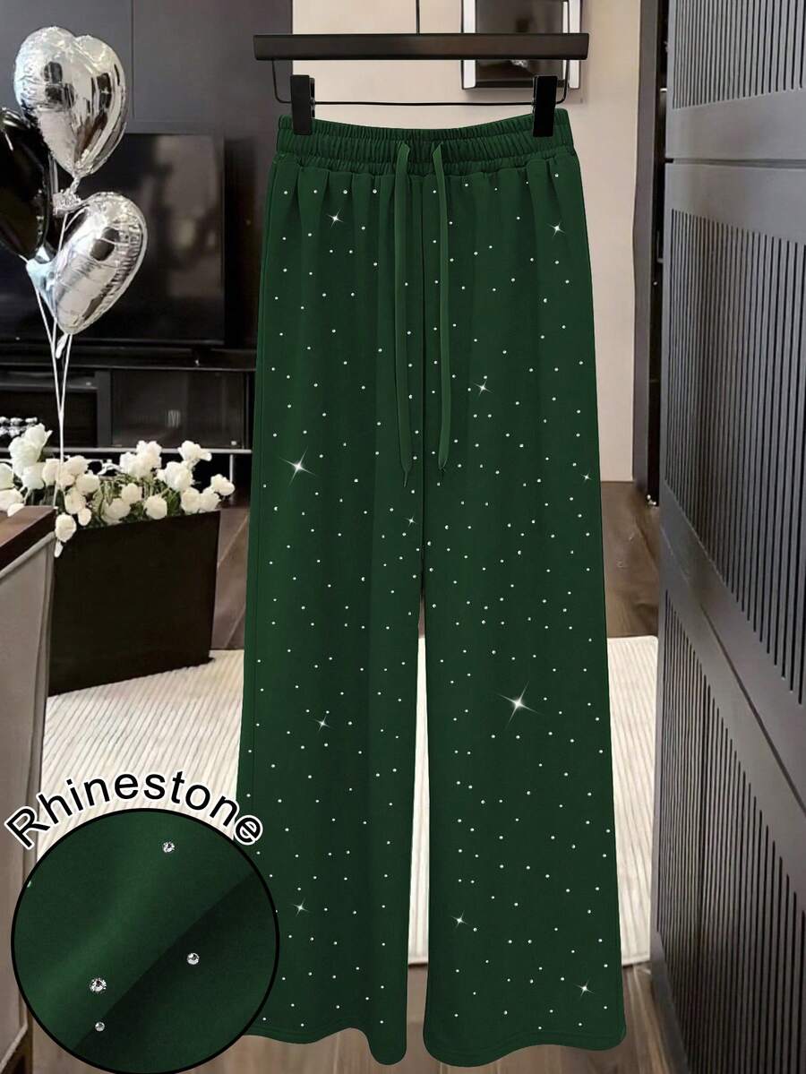 GlowEve Celana Jogging Wanita Model Lurus dengan Hiasan Rhinestone, Pinggang Tinggi, Tali Serut, Potongan Longgar - Dark Green - View 1