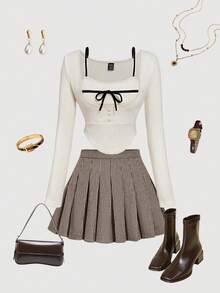 SHEIN MOD 格纹羊毛褶皱优雅时尚A字裙 - 棕色 - 查看 3