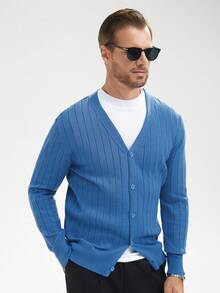 Manfinity Homme 男士纯色长袖单排扣休闲针织开衫，秋冬季 - 水鴨藍 - 查看 6