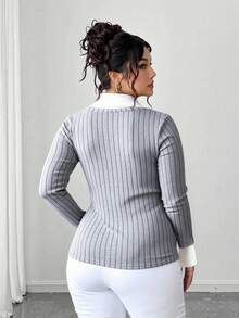 Elenzga Plus Size Ribbed Brushed Patchwork Shirt Dress - Light Grey - View 2