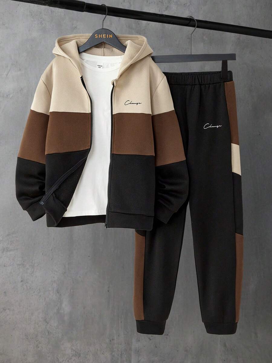 SHEIN 2件套男童撞色休闲宽松连帽卫衣+撞色休闲运动裤套装 - 彩色 - 查看 1