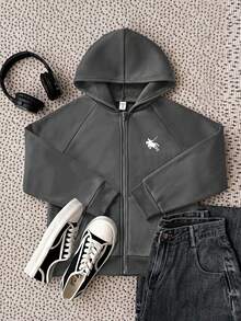 SHEIN Tween Girl Grey Solid Color Hooded Sweatshirt - Grey - View 3