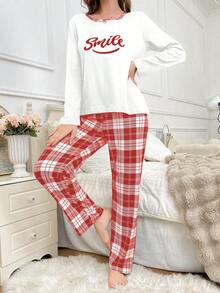 SHEIN Plaid Loose Women's Pajama Set, 2-Piece Long Sleeve Top & Pants, Fall & Winter Clothes - Red - View 3