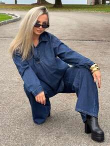 Jeta Ari 女式牛仔卫衣和裤子两件套，秋装 - 深色水洗藍 - 查看 5