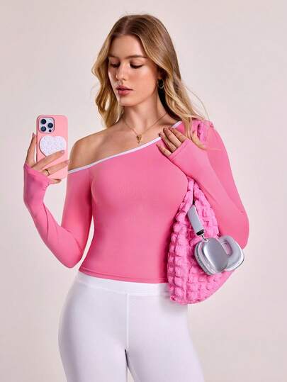 Sovereign Charm 女士秋冬运动卫衣，粉色撞色领口和袖口，长袖带拇指孔，修身版型，适合日常休闲、跑步、瑜伽、健身、网球等