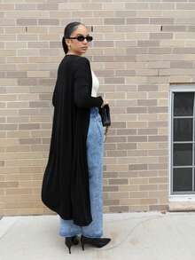 Melissa Matos 女士秋季开衫，长款开襟针织毛衣外套，休闲办公商务装，简约优雅风格 - 黑色 - 查看 2