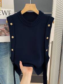 INAWLY 宽松无袖毛衣背心 - 藏蓝色 - 查看 5