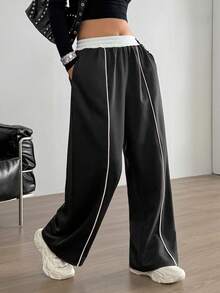 Aidyla Farbblock & Leoparden Muster Patchwork Lässig Sport Jogginghose - Schwarz - Übersicht 1