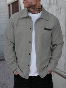 Manfinity Homme Men's Shirt Jacket, Men's Front Button Long-Sleeved Pocket Simple Shirt Jacket, Casual Daily Wear, Men's Jacket, Men's Shirt Jacket, Autumn And Winter Men's Jacket, Boyfriend Gift, Go Out Warm Long-Sleeved Casual Corduroy Flannel Jacket - Grey - View 3