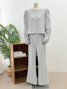 DAZY 女士纯色圆领长袖抽绳下摆卫衣和裤子休闲两件套家居服套装