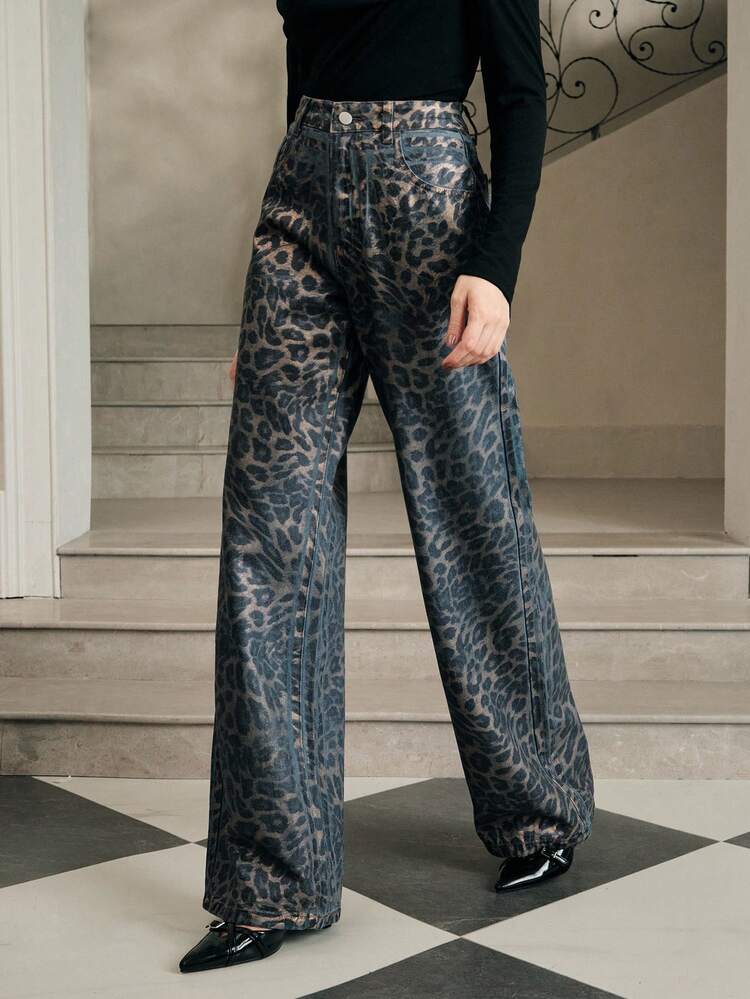 Leopard Print Straight Leg Jeans For Women, Street Style Fashion, Suitable For Spring, Summer, Fall, Festivals, Holidays, Vacations, Elegant, Business Casual, Chic