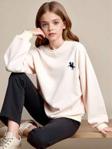 SHEIN 少女休闲圆领卫衣，饰有9个蝴蝶结印花，秋冬季 - 杏色 - 查看 1
