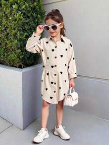 SHEIN Young Girl' Casual Heart Pattern Corduroy Shirt Dress, Autumn/Winter