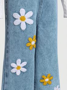 SHEIN ChillGRL 女童花卉、心形、彩虹涂鸦印花休闲舒适柔软牛仔连体裤