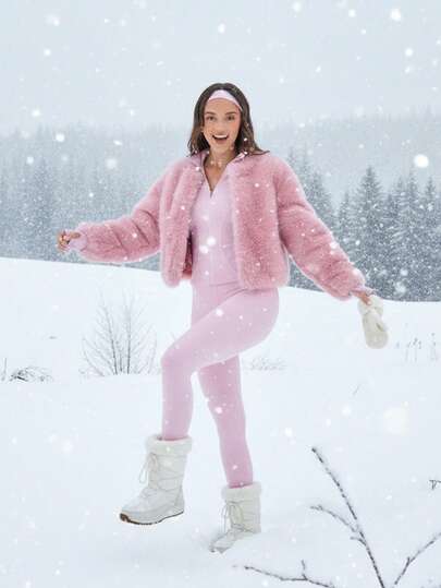 Menodora SHEIN Sport 女式简约纯色仿皮草夹克，秋冬