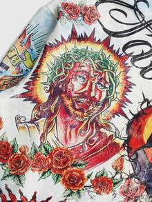 ROMWE MEN Street Life 男士拉链印花休闲街头风连帽卫衣，长袖上衣 - 白色 - 查看 6