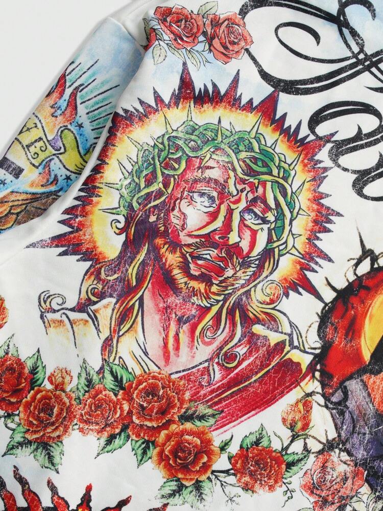 ROMWE MEN Street Life Spring Casual Graphic Men'S Zip-Up Graphic Print Casual Streetwear Hoodie Sweatshirt, Long Sleeve Top - White - View 6