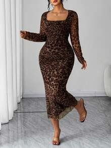 Elenzga Plus Size Leopard Print U-Neck Long Sleeve Ruched Waist Elegant Bodycon Cocktail Dress, Suitable For Work And Party, Autumn/Winter