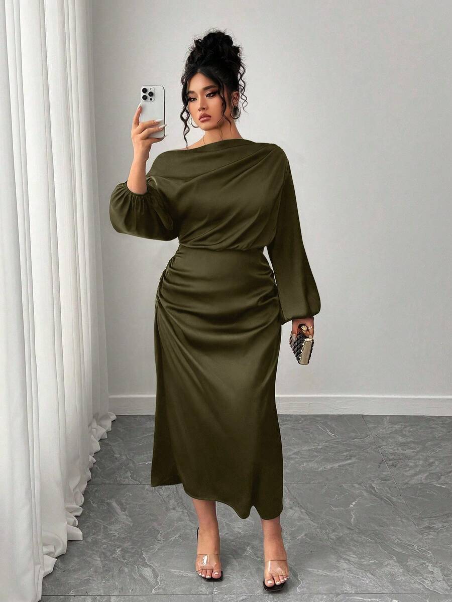 SHEIN Elenzya Plus Size Women Satin Asymmetric Ruffle Collar Cold Shoulder Ruched Waist A-Line Dress - Army Green - View 1
