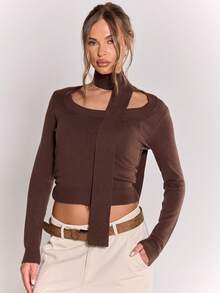 MUSERA 针织圆领长袖上衣配围巾，冬季性感优雅休闲可爱舒适酷女孩Y2K优雅派对装扮 - 巧克力棕 - 查看 1