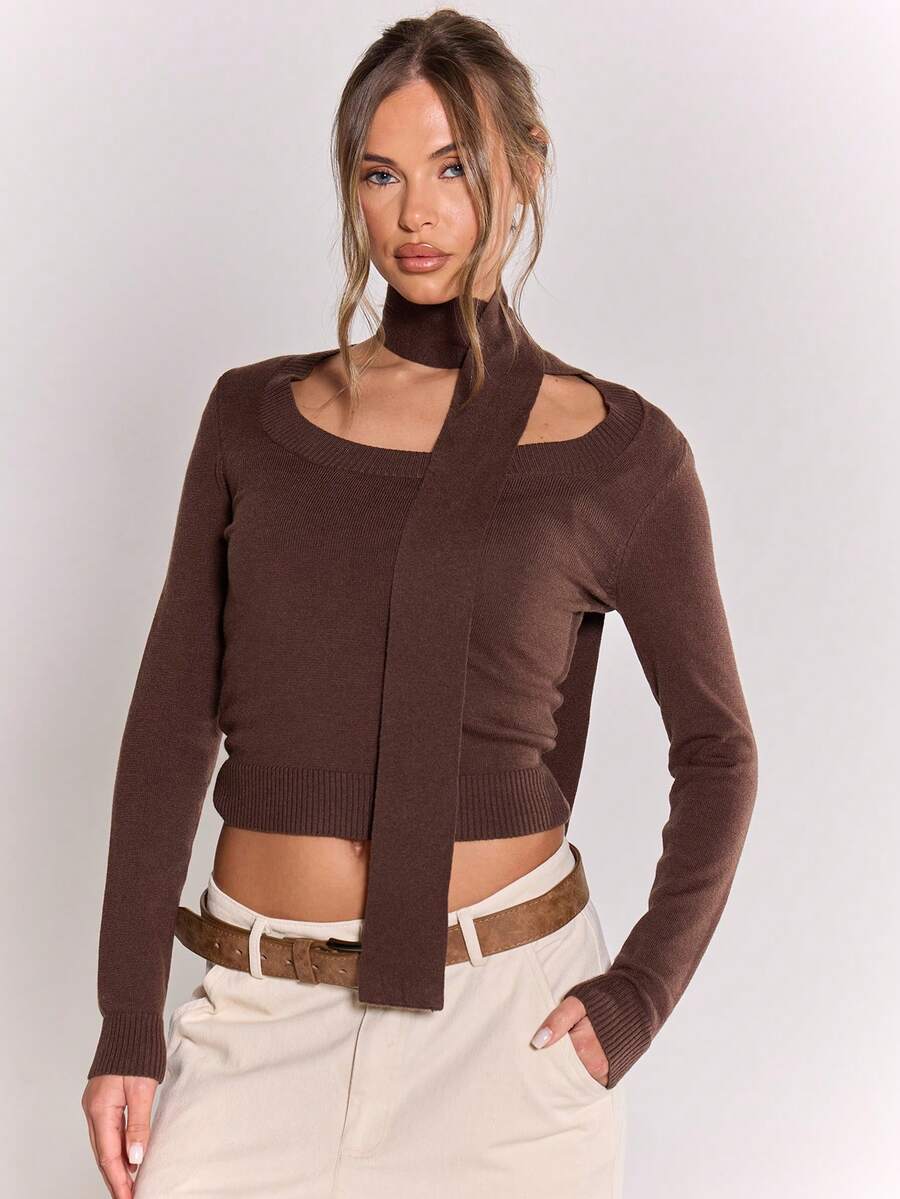 MUSERA 针织圆领长袖上衣配围巾，冬季性感优雅休闲可爱舒适酷女孩Y2K优雅派对装扮 - 巧克力棕 - 查看 1