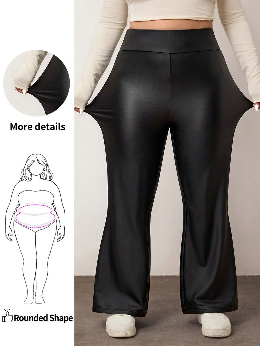 Enliva Plus Size Women Faux PU Leather Flare Pants, Stretchy/Winter, For Apple Rounded Body Shape, Valentine's Day, Love, Gift, Romance, Happy Valentine's Day,2026,New Year - Black - View 1