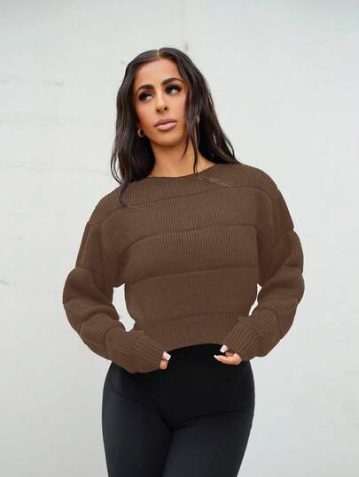 SAYEHFBABY Solid Color Crew Neck Sweater With Cable Pattern, Casual & Versatile, Long Sleeve Knit Pullover Fall Winter Outfit