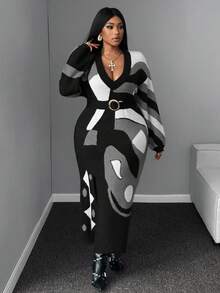 Maweii 女士复古V领长袖落肩抽象图案提花个性化设计黑色开衩长裙紫色金属环腰带加大码毛衣优雅及地裹身连衣裙，春秋冬 - 彩色 - 查看 3
