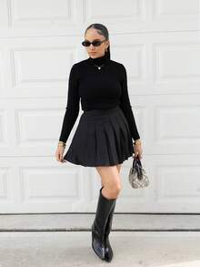 Melissa Matos Solid Color High Waist Pleated Skirt ,Petite Women - Black - View 1