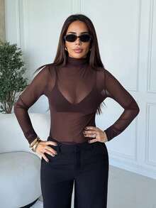 Milla Jasmine 斯德哥尔摩风格，女士教师装，秋季时尚，高领高领针织上衣，优雅秋冬衬衫，网眼长袖衬衫，商务休闲女士基本款上衣 - 棕色 - 查看 4