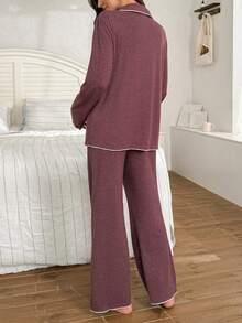 孕妇冬季两件套撞色滚边哺乳翻领上衣睡衣套装 - 酒紅色 - 查看 2