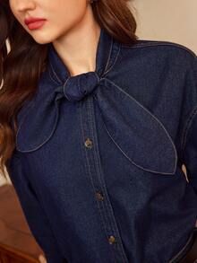 Vintamour 女士休闲牛仔衬衫，打结领口，落肩设计，适合春秋季穿着 - 深色水洗藍 - 查看 6