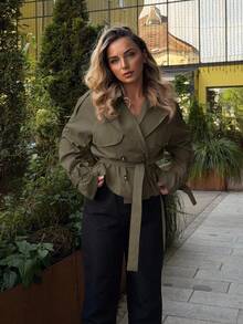 Jeta Ari 秋冬女式插肩袖纽扣式束带风衣 - 橄欖綠 - 查看 6