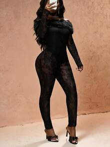 Slaydiva 秋冬新款结婚季新年情人节休闲装适合日常约会通勤商务淑女优雅沙滩邮轮派对简约网红生日宴会高端派对晚礼服性感一字领毛领长袖长裤蕾丝花裤紧身连衣裤-A - 黑色 - 查看 9